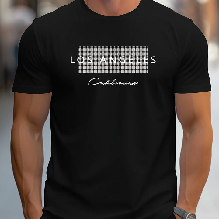 "Miesten Los Angeles T-paita, slim fit, 100% puuvillaa, urheilullinen tyyli, pyöreä kaula-aukko, graafinen kuvio."
