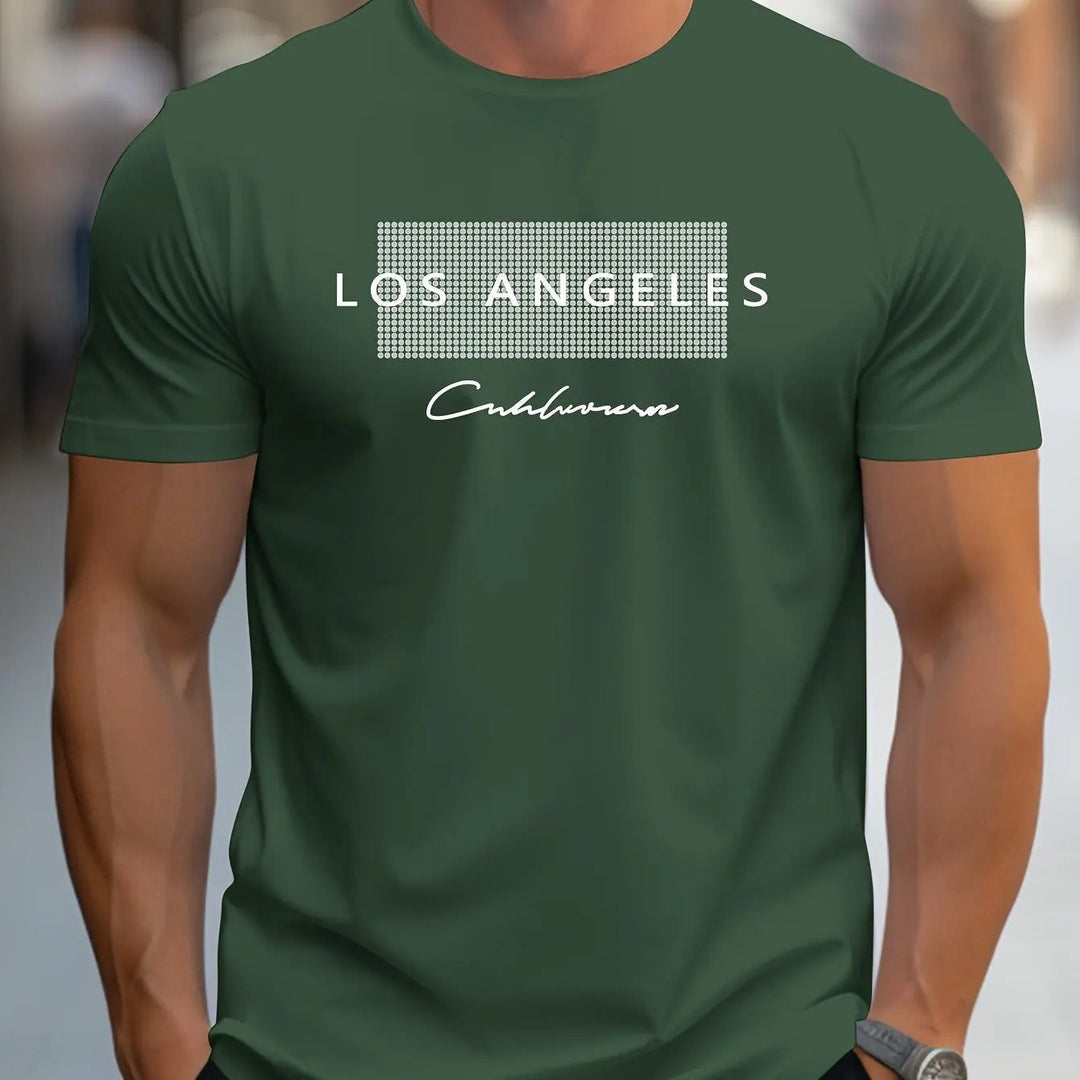 "Miesten Los Angeles T-paita, slim fit, 100% puuvillaa, urheilullinen tyyli, pyöreä kaula-aukko, graafinen kuvio."