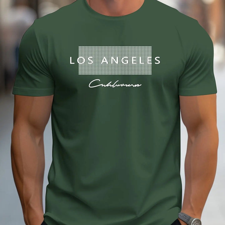 "Miesten Los Angeles T-paita, slim fit, 100% puuvillaa, urheilullinen tyyli, pyöreä kaula-aukko, graafinen kuvio."