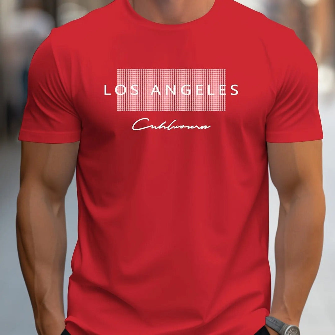 "Miesten Los Angeles T-paita, slim fit, 100% puuvillaa, urheilullinen tyyli, pyöreä kaula-aukko, graafinen kuvio."
