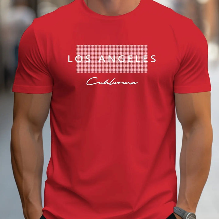 "Miesten Los Angeles T-paita, slim fit, 100% puuvillaa, urheilullinen tyyli, pyöreä kaula-aukko, graafinen kuvio."