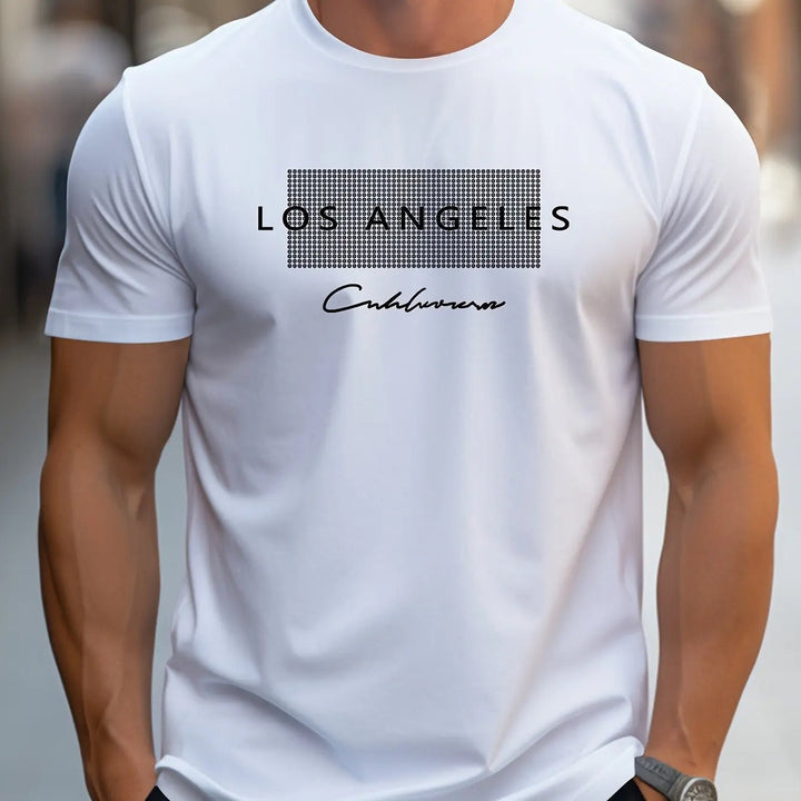 "Miesten Los Angeles T-paita, slim fit, 100% puuvillaa, urheilullinen tyyli, pyöreä kaula-aukko, graafinen kuvio."