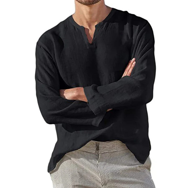 Herre T-shirt med V-hals, åndbart stof, lange ærmer, afslappet stil, ensfarvet T-shirt.