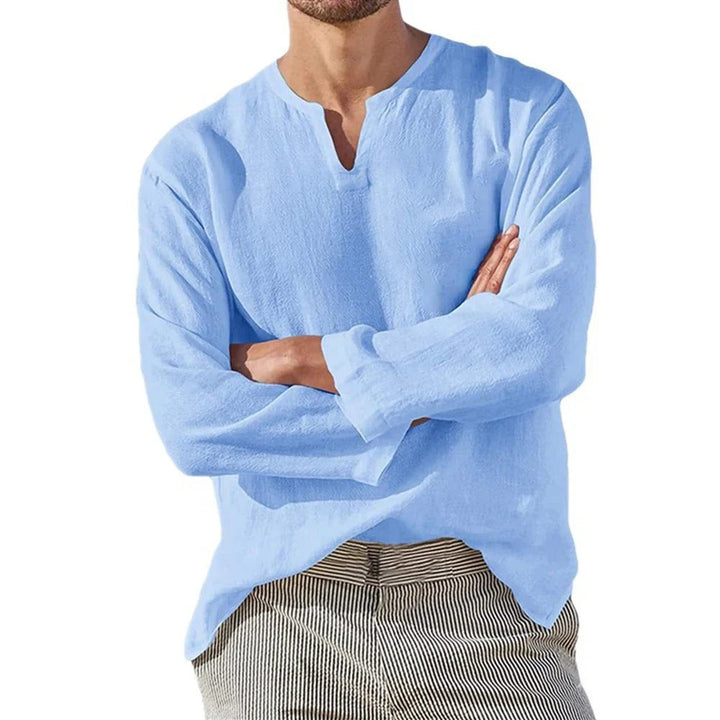 Herre T-shirt med V-hals, åndbart stof, lange ærmer, afslappet stil, ensfarvet T-shirt.