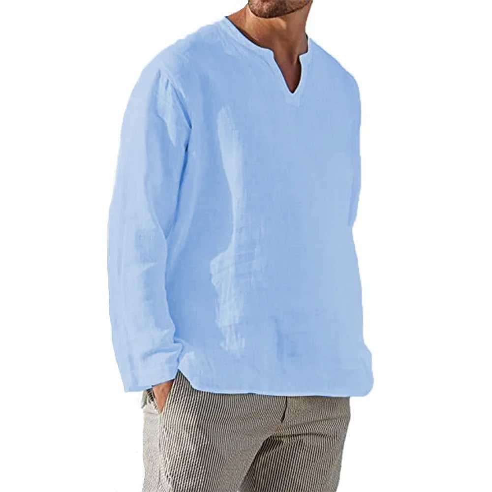 Herre T-shirt med V-hals, åndbart stof, lange ærmer, afslappet stil, ensfarvet T-shirt.