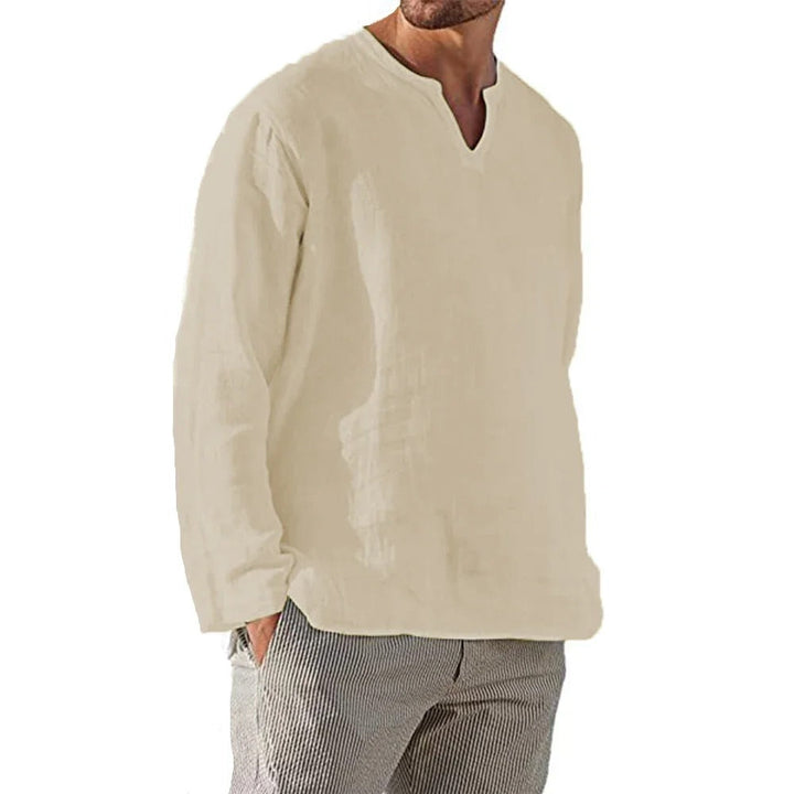 Herre T-shirt med V-hals, åndbart stof, lange ærmer, afslappet stil, ensfarvet T-shirt.
