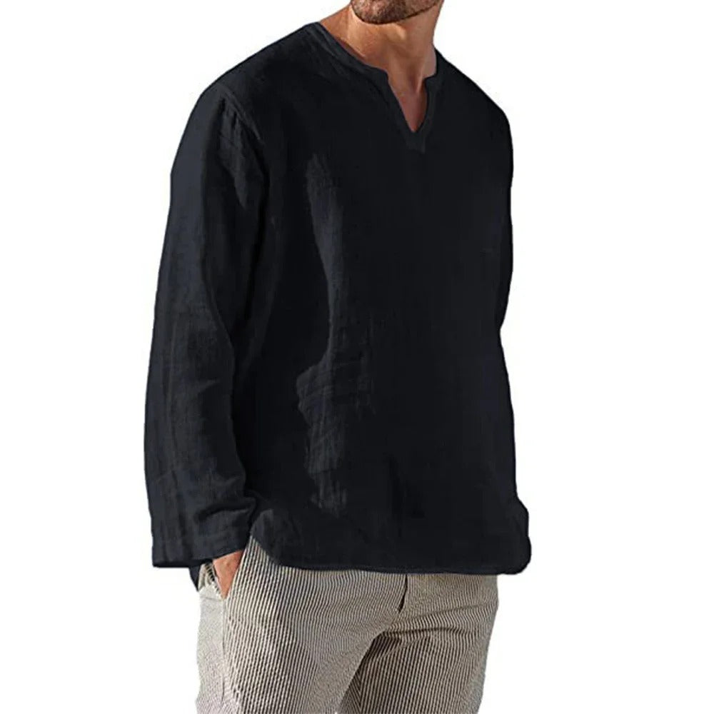 Herre T-shirt med V-hals, åndbart stof, lange ærmer, afslappet stil, ensfarvet T-shirt.