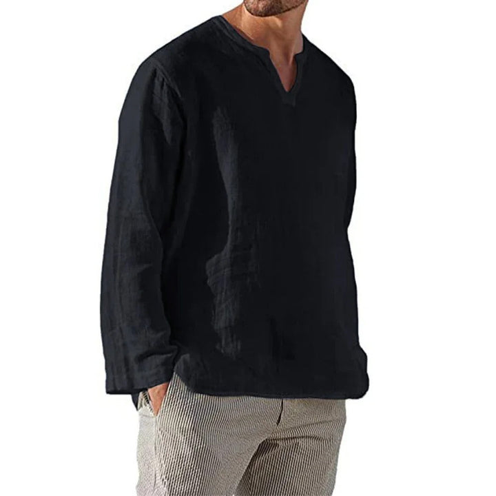 Herre T-shirt med V-hals, åndbart stof, lange ærmer, afslappet stil, ensfarvet T-shirt.