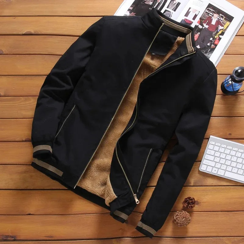Herre aviator jakke, varm fleecefor, moderne stil, mørkeblå, elegant snit, praktiske sidelommer
