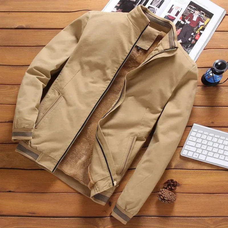 Herre aviator jakke, varm fleecefor, moderne stil, mørkeblå, elegant snit, praktiske sidelommer