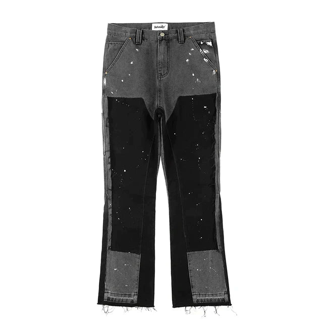 "Miesten baggy farkut, retro patchwork-pilkullinen design; musteväri, rento katuvaatetyyli, korkealaatuinen denim."
