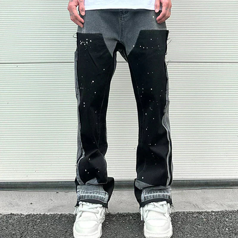 "Miesten baggy farkut, retro patchwork-pilkullinen design; musteväri, rento katuvaatetyyli, korkealaatuinen denim."