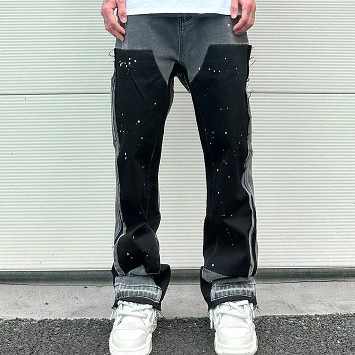 "Miesten baggy farkut, retro patchwork-pilkullinen design; musteväri, rento katuvaatetyyli, korkealaatuinen denim."