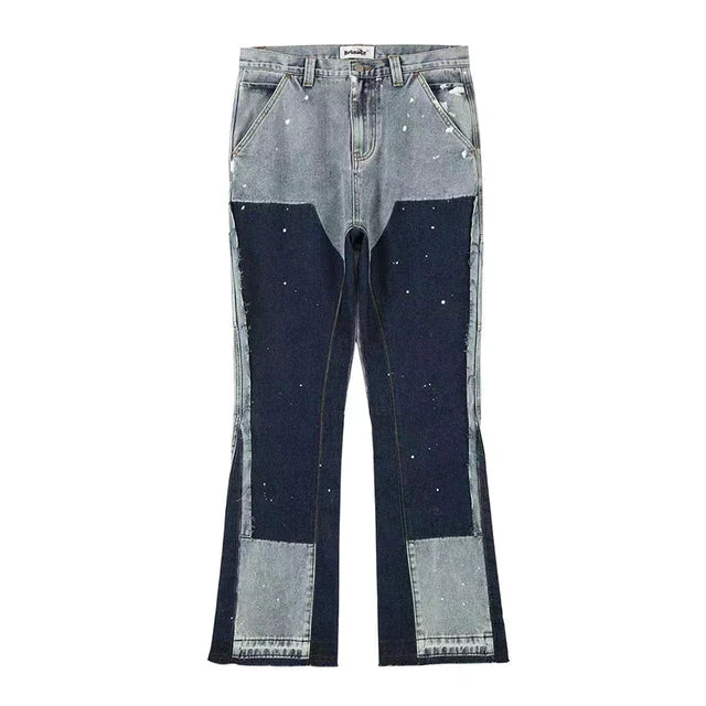 "Miesten baggy farkut, retro patchwork-pilkullinen design; musteväri, rento katuvaatetyyli, korkealaatuinen denim."