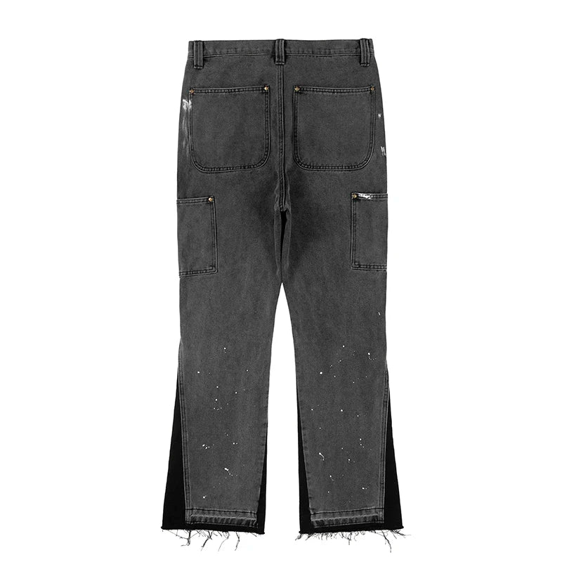 "Miesten baggy farkut, retro patchwork-pilkullinen design; musteväri, rento katuvaatetyyli, korkealaatuinen denim."