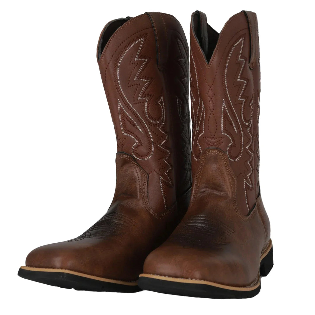 Miesten brodeeratut denim cowboy bootsit, retrotyyli, suora kärki, trendikäs brodeeraus, pehmeä materiaali.