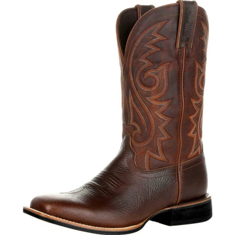 Miesten brodeeratut denim cowboy bootsit, retrotyyli, suora kärki, trendikäs brodeeraus, pehmeä materiaali.