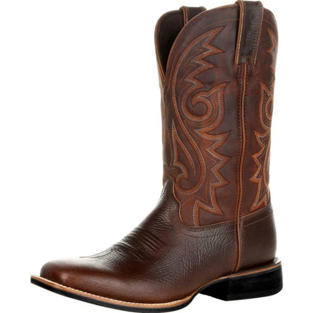 Miesten brodeeratut denim cowboy bootsit, retrotyyli, suora kärki, trendikäs brodeeraus, pehmeä materiaali.