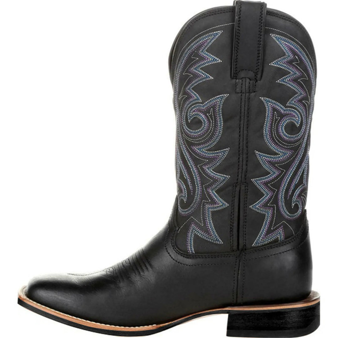 Miesten brodeeratut denim cowboy bootsit, retrotyyli, suora kärki, trendikäs brodeeraus, pehmeä materiaali.