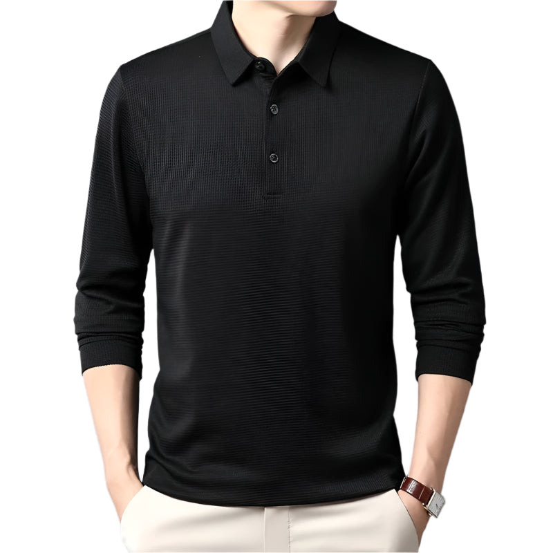 "Miesten business casual poolopaita, pitkät hihat, pehmeä ja hengittävä kangas, räätälöity istuvuus, harmaa sävy."