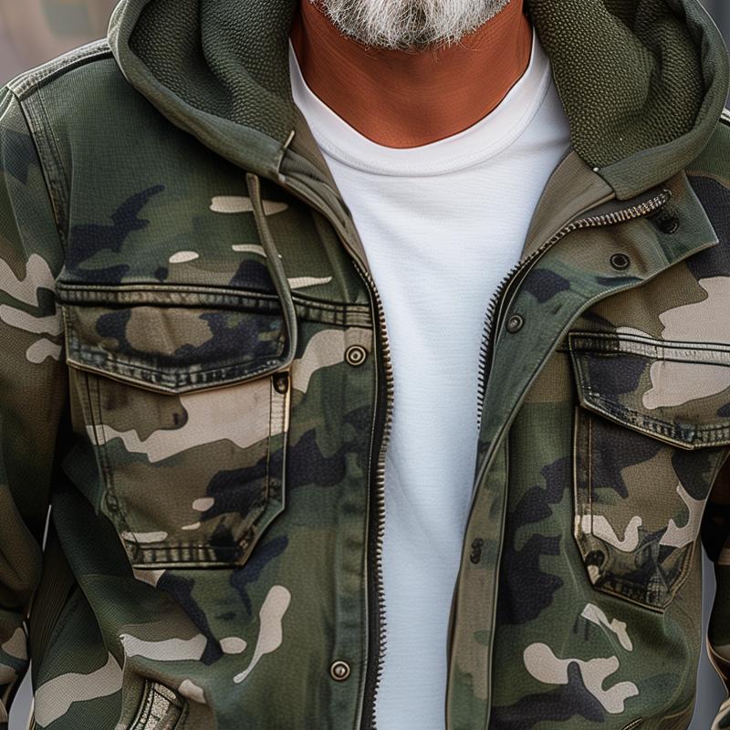 "Miesten camouflage cargo-takki hupulla ja taskuilla, kestävä ja muodikasta tyyliä, sopii ulkoiluun ja kaupunkiin."