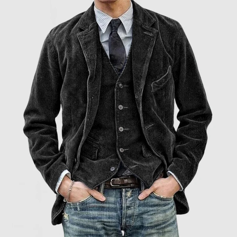 Herre cordjakke i sort eller brun, stilfuldt design, tidløst og behageligt look, fremhæver detaljer.