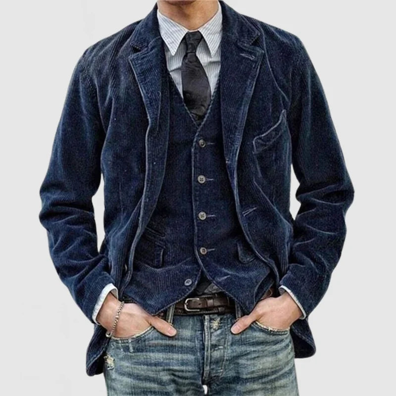 Herre cordjakke i sort eller brun, stilfuldt design, tidløst og behageligt look, fremhæver detaljer.