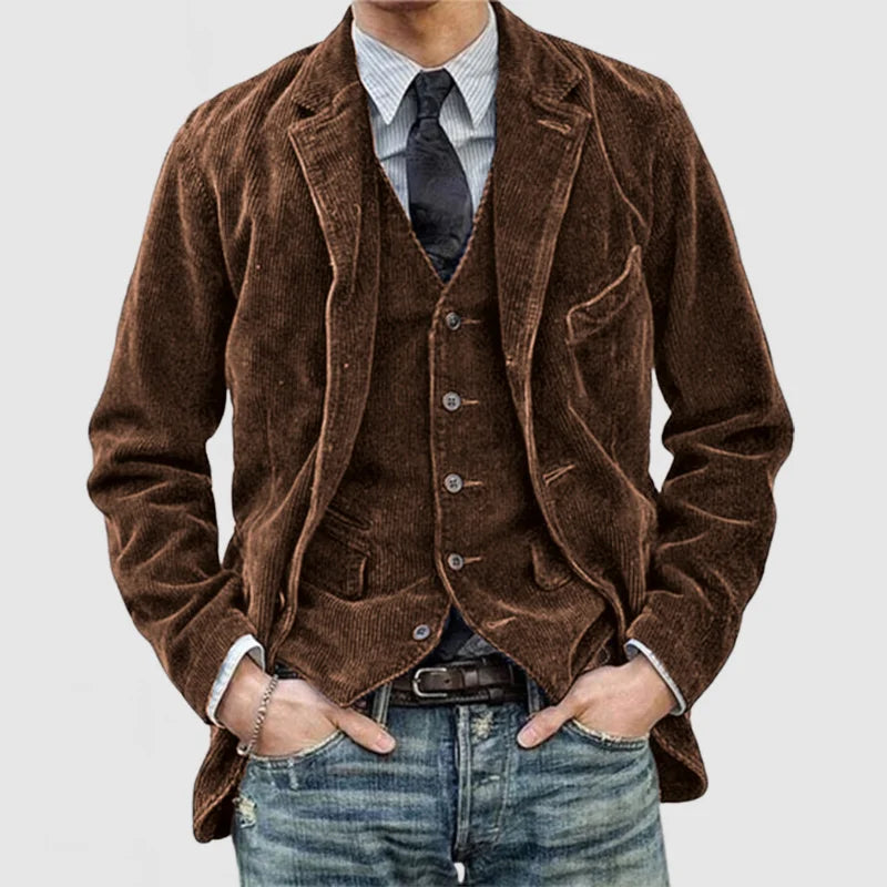 Herre cordjakke i sort eller brun, stilfuldt design, tidløst og behageligt look, fremhæver detaljer.