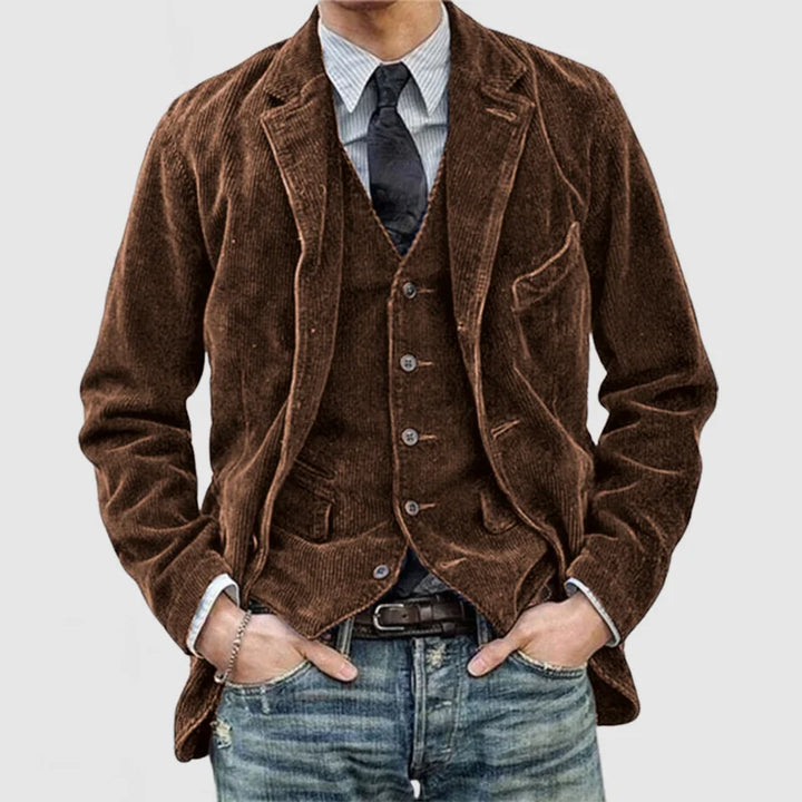 Herre cordjakke i sort eller brun, stilfuldt design, tidløst og behageligt look, fremhæver detaljer.