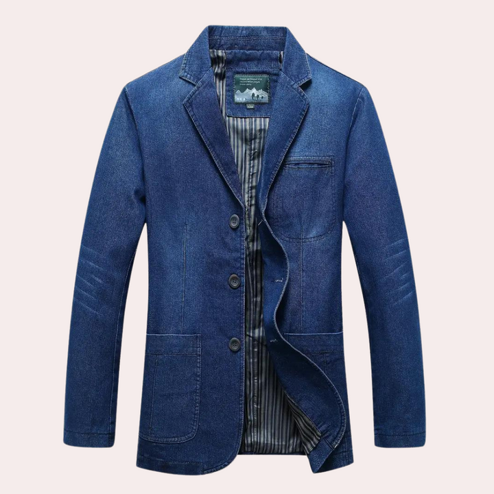 Herre denim blazer, afslappet stil, behagelig pasform, stof af høj kvalitet og praktiske lommer, mørkeblå.