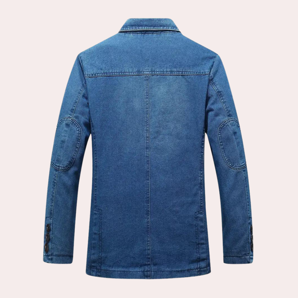 Herre denim blazer, afslappet stil, behagelig pasform, stof af høj kvalitet og praktiske lommer, mørkeblå.