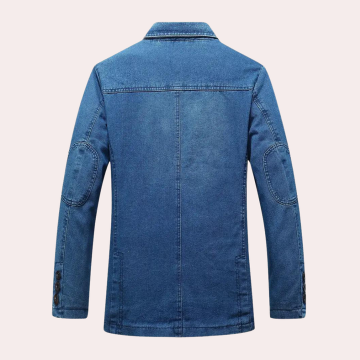 Herre denim blazer, afslappet stil, behagelig pasform, stof af høj kvalitet og praktiske lommer, mørkeblå.