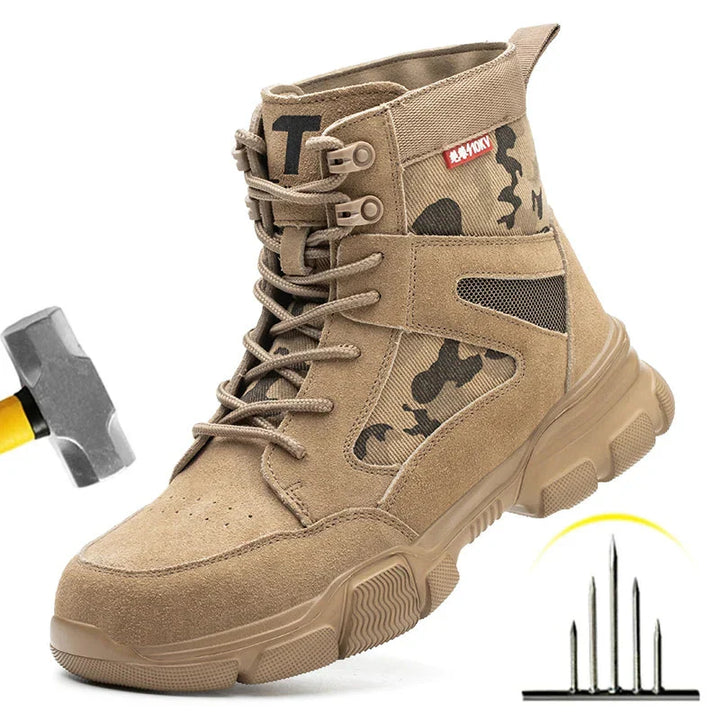 Herre ergonomiske beige taktiske sikkerhedssko, robust og moderne design, stål tåbeskyttelse og godt greb.