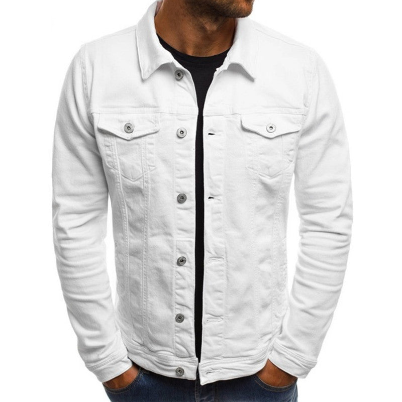 Herre denim jakke regular fit forside, alsidige brystlommer, knaplukning, klassisk krave, stilfuld og praktisk.
