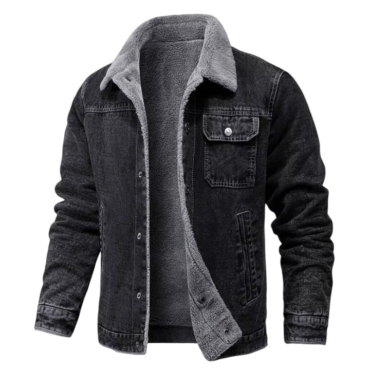 Mænds fleeceforede denimjakke til vinterbrug, stilfuld og varmeisolerende, sort, klassisk model.
