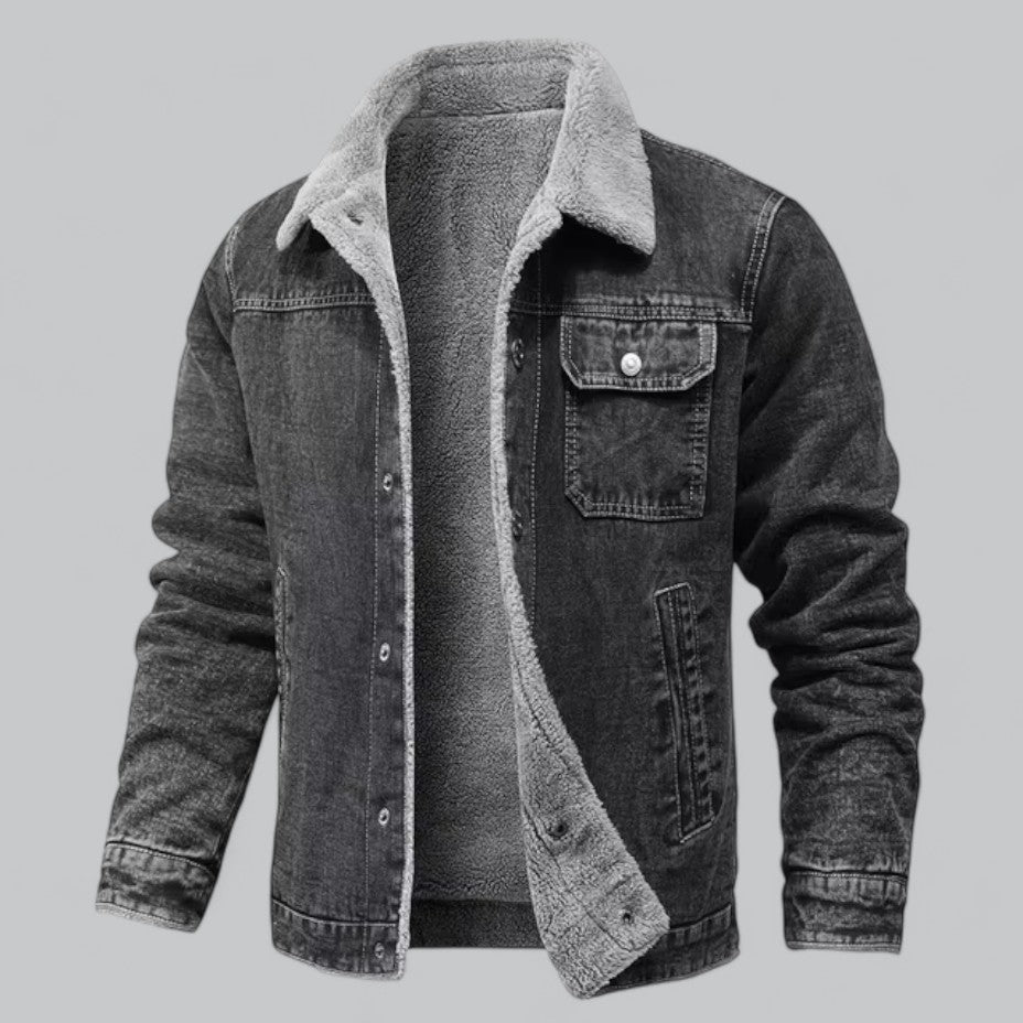 Mænds fleeceforede denimjakke til vinterbrug, stilfuld og varmeisolerende, sort, klassisk model.
