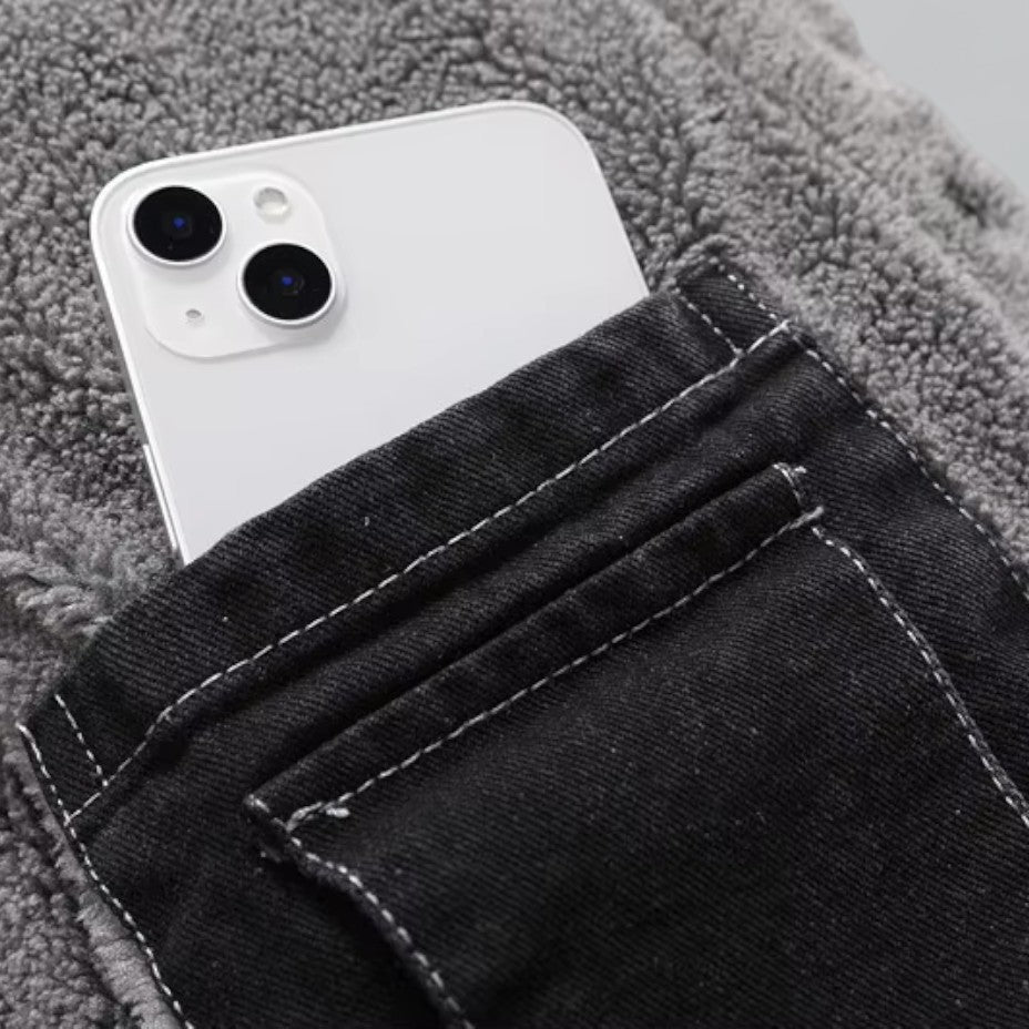 Mænds fleeceforede denimjakke til vinterbrug, stilfuld og varmeisolerende, sort, klassisk model.