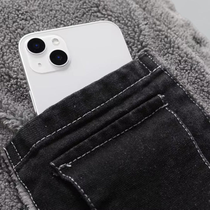 Mænds fleeceforede denimjakke til vinterbrug, stilfuld og varmeisolerende, sort, klassisk model.