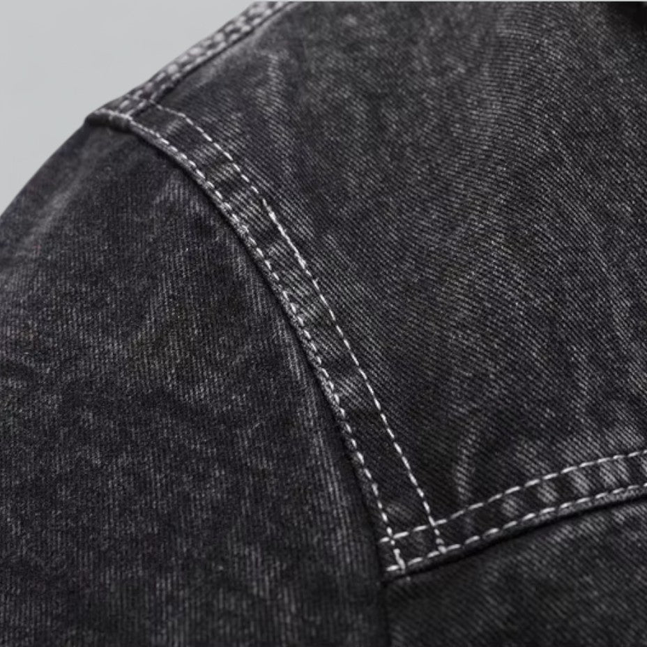 Mænds fleeceforede denimjakke til vinterbrug, stilfuld og varmeisolerende, sort, klassisk model.