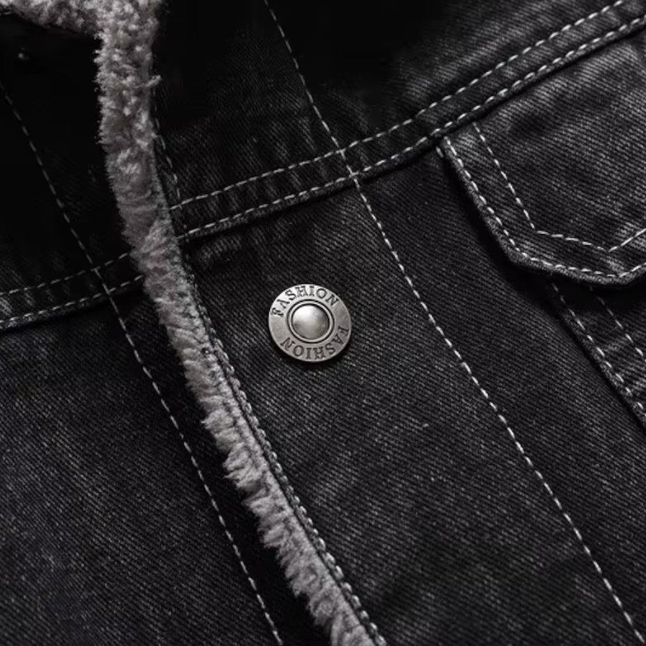 Mænds fleeceforede denimjakke til vinterbrug, stilfuld og varmeisolerende, sort, klassisk model.
