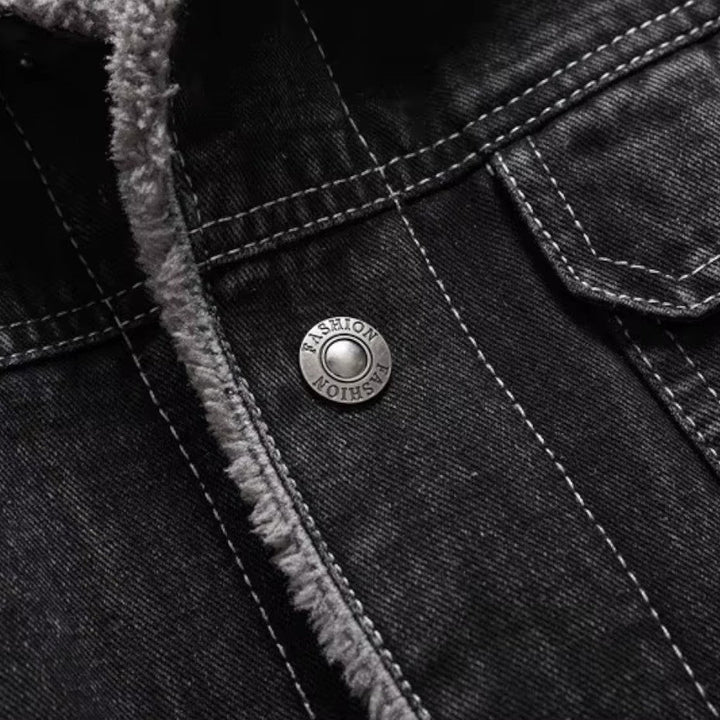 Mænds fleeceforede denimjakke til vinterbrug, stilfuld og varmeisolerende, sort, klassisk model.
