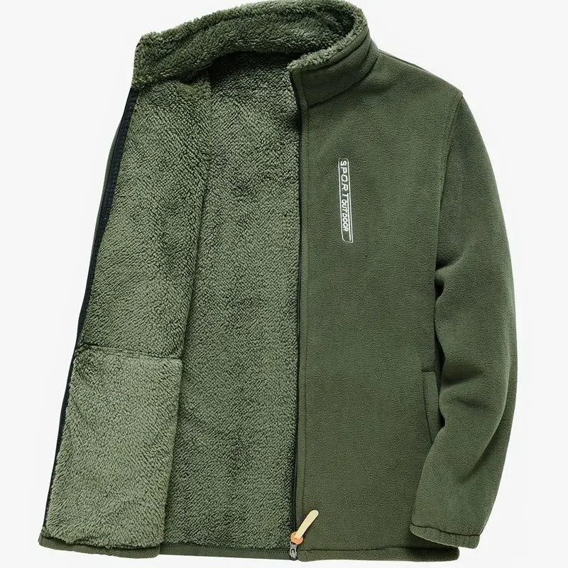 "Miesten fleece-vuorattu vetoketjullinen ulkotakki, harmaa, tyylikäs ja lämmin ulkoiluun, tuulenpitävä korkea kaulus."
