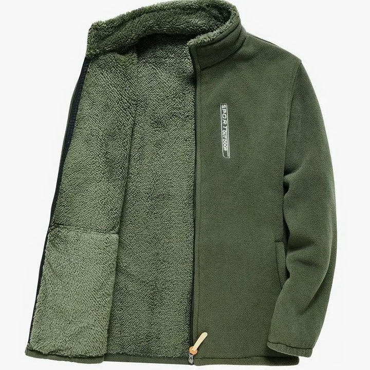 "Miesten fleece-vuorattu vetoketjullinen ulkotakki, harmaa, tyylikäs ja lämmin ulkoiluun, tuulenpitävä korkea kaulus."