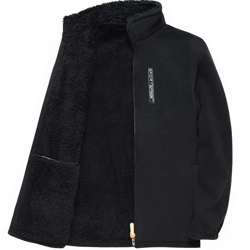 "Miesten fleece-vuorattu vetoketjullinen ulkotakki, harmaa, tyylikäs ja lämmin ulkoiluun, tuulenpitävä korkea kaulus."