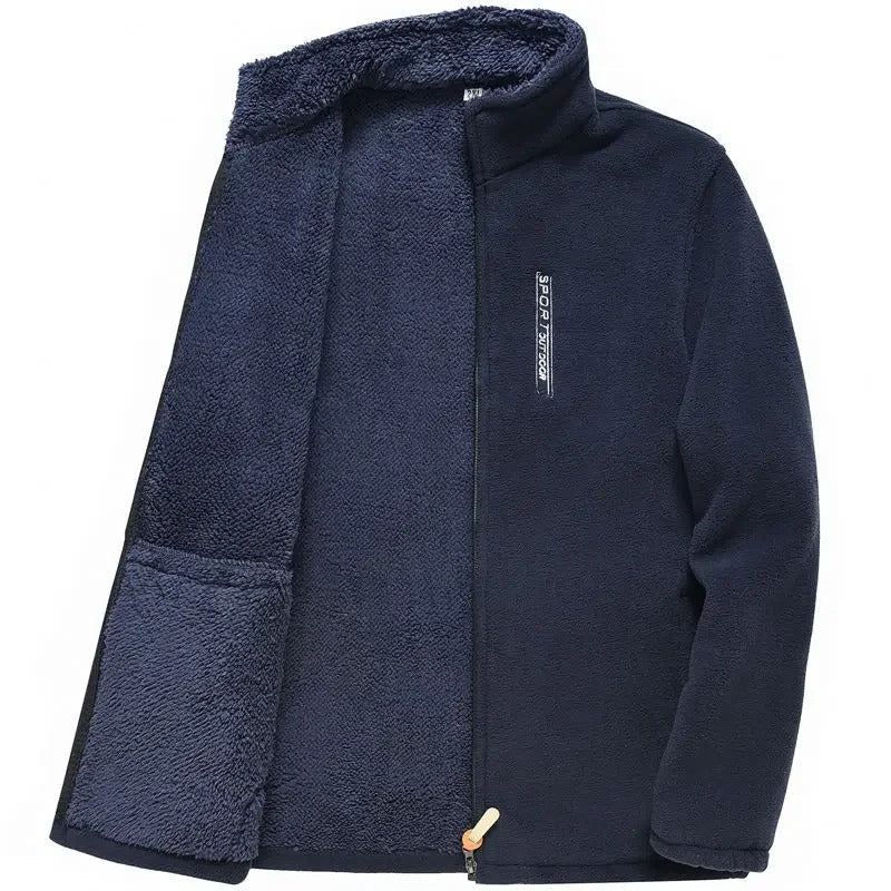 "Miesten fleece-vuorattu vetoketjullinen ulkotakki, harmaa, tyylikäs ja lämmin ulkoiluun, tuulenpitävä korkea kaulus."