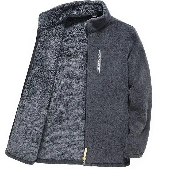 "Miesten fleece-vuorattu vetoketjullinen ulkotakki, harmaa, tyylikäs ja lämmin ulkoiluun, tuulenpitävä korkea kaulus."