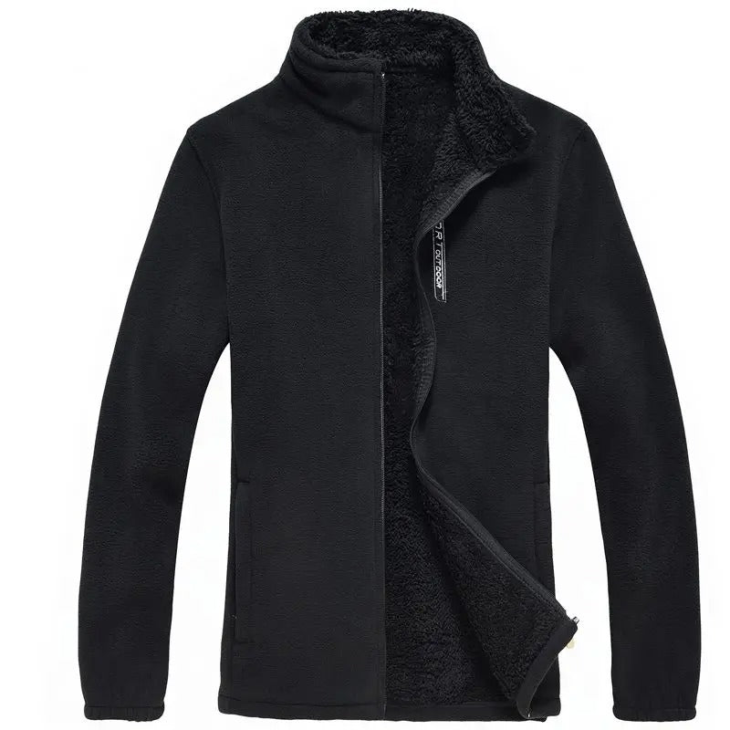 "Miesten fleece-vuorattu vetoketjullinen ulkotakki, harmaa, tyylikäs ja lämmin ulkoiluun, tuulenpitävä korkea kaulus."