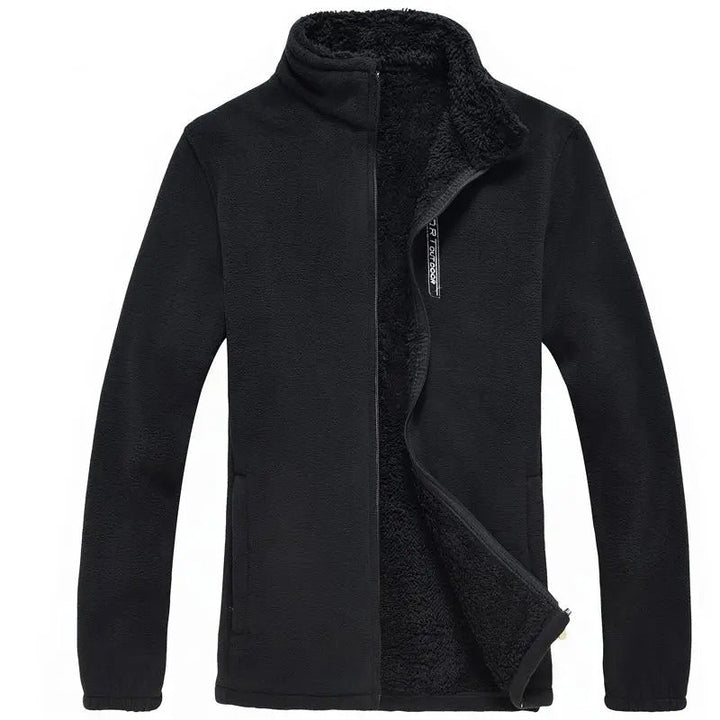 "Miesten fleece-vuorattu vetoketjullinen ulkotakki, harmaa, tyylikäs ja lämmin ulkoiluun, tuulenpitävä korkea kaulus."