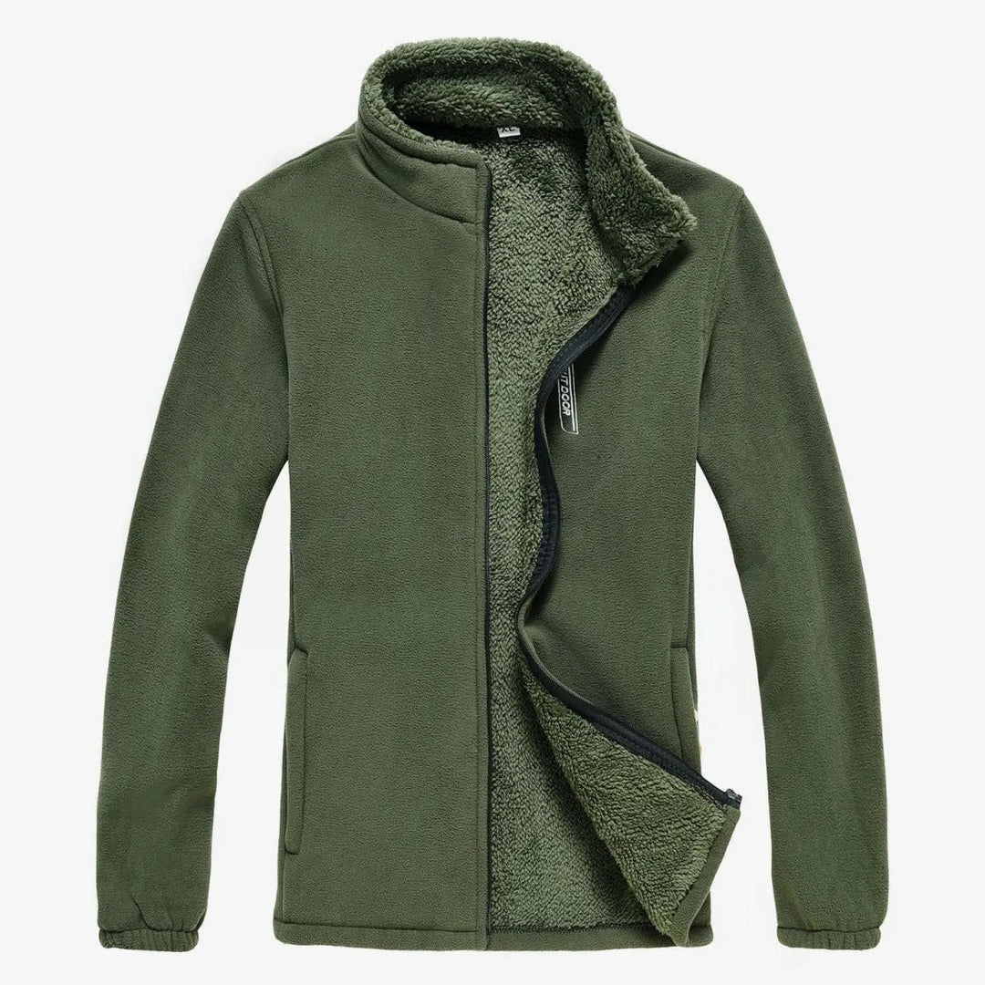 "Miesten fleece-vuorattu vetoketjullinen ulkotakki, harmaa, tyylikäs ja lämmin ulkoiluun, tuulenpitävä korkea kaulus."