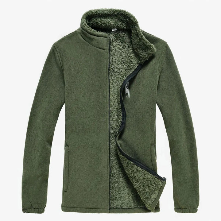 "Miesten fleece-vuorattu vetoketjullinen ulkotakki, harmaa, tyylikäs ja lämmin ulkoiluun, tuulenpitävä korkea kaulus."